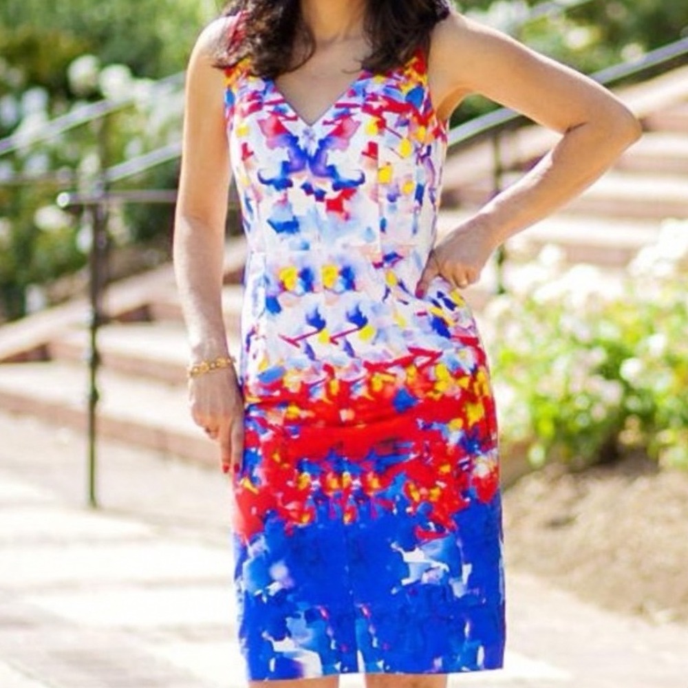 Milly Abstract Watercolor
portrait Sheath Dress Multicolor V-Neck Sleeveless 8 6
